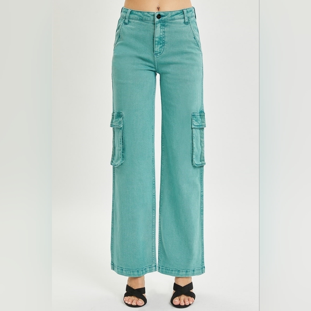 Stylish Teal Wide Leg Cargo Jeans - Picture 5 of 7